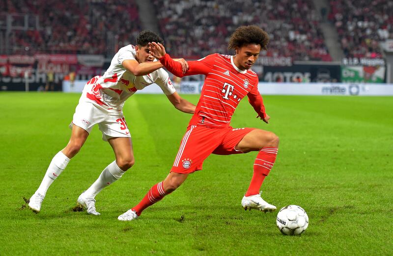 RB Leipzig's Hugo Novoa in action with Bayern Munich's Leroy Sane. Reuters