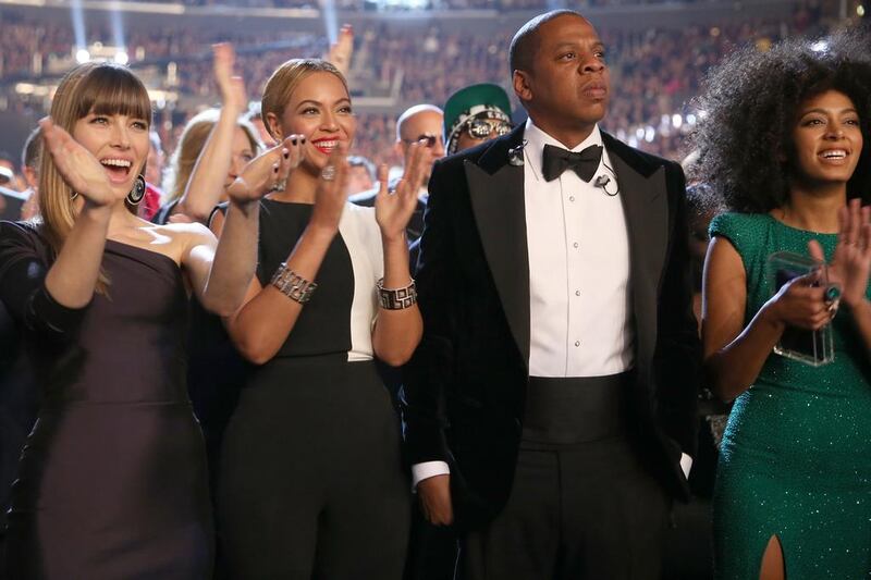 From left, singer Beyonce, rapper Jay Z and singer Solange Knowles. Christopher Polk / Getty Images for NARAS
