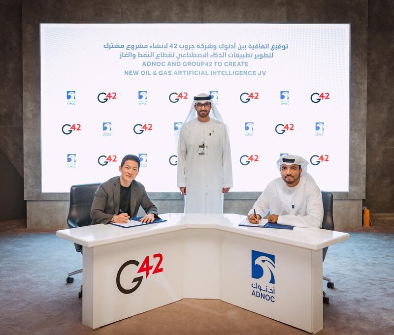 Abu Dhabi, UAE – November 12, 2019: The Abu Dhabi National Oil Company (ADNOC) announced today it has signed an agreement with Group 42 (G42), an Abu Dhabi based artificial intelligence (AI), cloud and supercomputing company, to establish a joint venture to develop and commercialize market-leading AI products for the oil and gas industry. Under the terms of the agreement, a new company will be established as a separate legal and operating entity. 

The agreement was signed at the Abu Dhabi International Petroleum Exhibition and Conference (ADIPEC) by Omar Suwaina Al Suwaidi, Director, Executive Office Directorate, ADNOC, and Peng Xiao, CEO of G42. The signing of the agreement was witnessed by His Excellency Dr Sultan Ahmed Al Jaber, UAE Minister of State and ADNOC Group CEO. Courtesy Adnoc