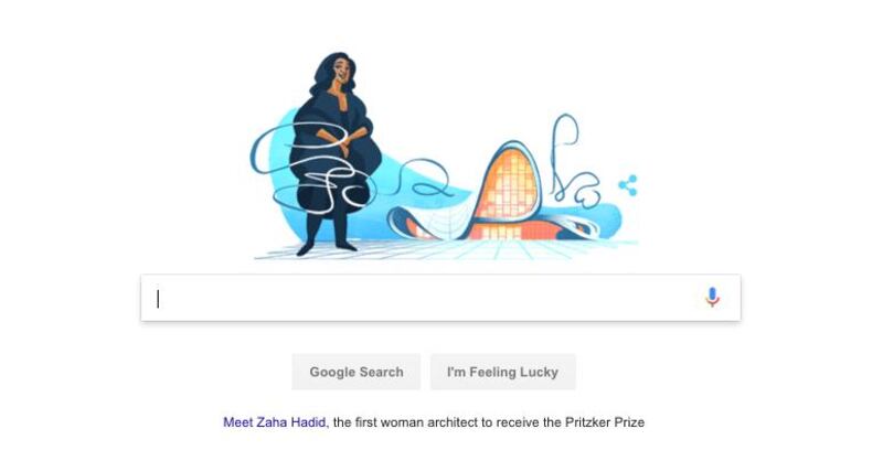 Log in to Google today and this is the Doodle that you'll see  in honour of Zaha Hadid. 
