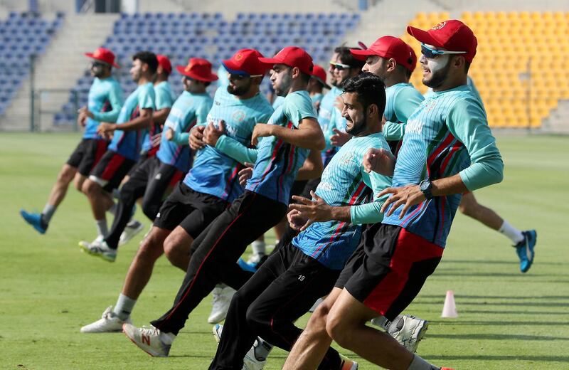 ABU DHABI ,  UNITED ARAB EMIRATES , AUGUST 22 – 2019 :- Members of the Afghanistan cricket team during the training ahead of their tour to Bangladesh at the Zayed Cricket Stadium in Abu Dhabi. ( Pawan Singh / The National ) For Sports. Story by Amith