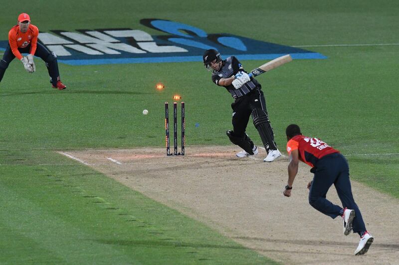 Trent Boult of New Zealand is bowled by England's Chris Jordan. Getty