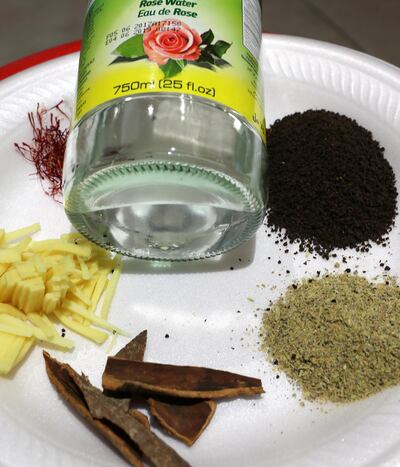 Ingredients shown by Ismail Mohammed as he prepares Karak Chai (Tea). Ravindranath K / The National