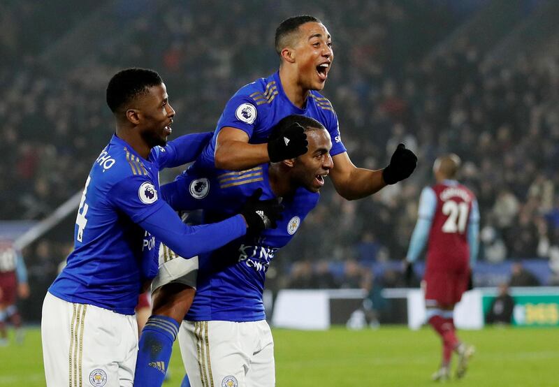 Soccer Football - Premier League - Leicester City v West Ham United - King Power Stadium, Leicester, Britain - January 22, 2020  Leicester City's Ricardo Pereira celebrates scoring their second goal with Youri Tielemans and Kelechi Iheanacho   Action Images via Reuters/Andrew Boyers  EDITORIAL USE ONLY. No use with unauthorized audio, video, data, fixture lists, club/league logos or "live" services. Online in-match use limited to 75 images, no video emulation. No use in betting, games or single club/league/player publications.  Please contact your account representative for further details.