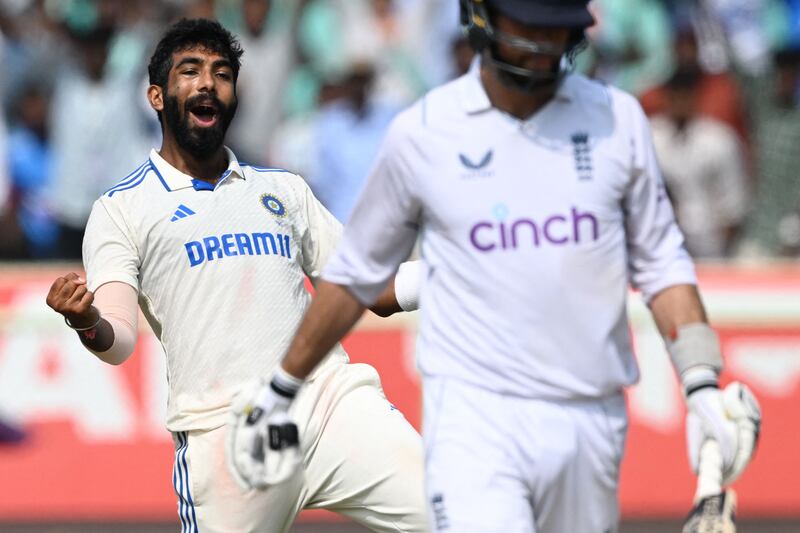India's Jasprit Bumrah celebrates after taking the wicket of England batter Ben Foakes. AFP