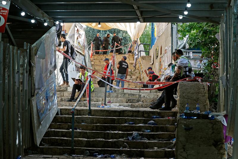 Rescue teams in the aftermath of the stampede near the reputed tomb of Rabbi Shimon bar Yochai, a second-century Talmudic sage, where mainly ultra-Orthodox Jews flock to mark the Lag Bomer holiday. AFP