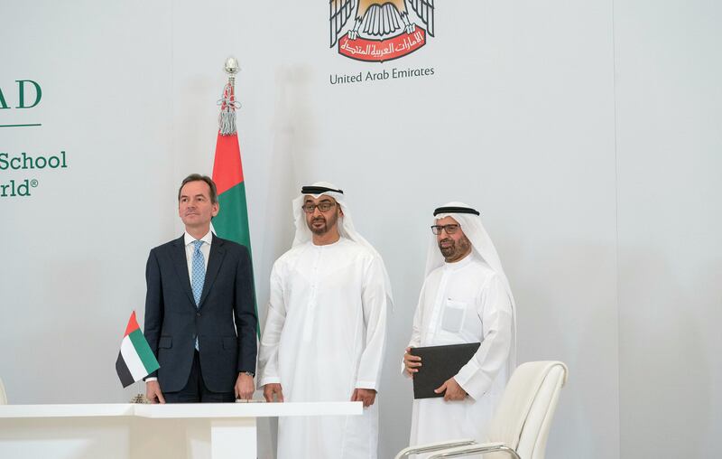 ABU DHABI, UNITED ARAB EMIRATES - October 23, 2017: HH Sheikh Mohamed bin Zayed Al Nahyan, Crown Prince of Abu Dhabi and Deputy Supreme Commander of the UAE Armed Forces (C), stands for a photograph after an MOU signing, during a Sea Palace barza. Seen on behalf of the department of Education and Knowledge? HE Dr Ali Rashid Al Nuaimi, Director General of Abu Dhabi Education Council and Abu Dhabi Executive Council Member (R), and on behalf of INSEAD, Dr Andreas Jacobs, Chairman of INSEAD (L).

 ( Mohamed Al Hammadi / Crown Prince Court - Abu Dhabi )