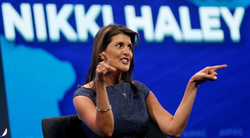 Former US Ambassador to the United Nations Nikki Haley speaks at AIPAC in Washington, on March 25, 2019. Reuters
