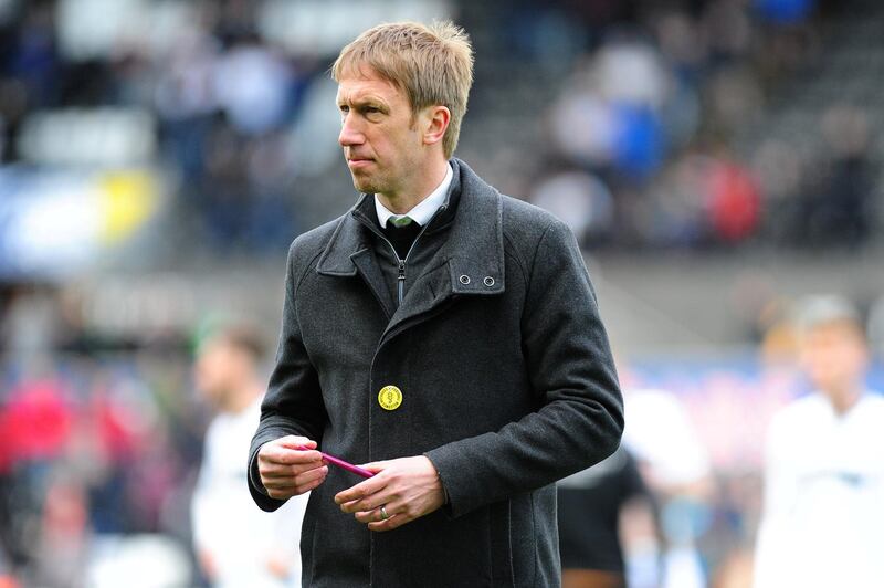 SWANSEA, WALES - APRIL 27: Graham Potter Manager of Swansea City during the Sky Bet Championship match between Swansea City and Hull City at the Liberty Stadium on April 27, 2019 in Swansea, Wales. (Photo by Athena Pictures/Getty Images)
