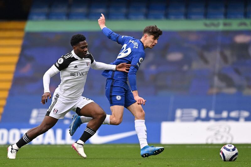 Kai Havertz scores the opening goal in Chelsea's 2-0 Premier League win over Fulham at Stamford Bridge on Saturday, April 1
. AFP