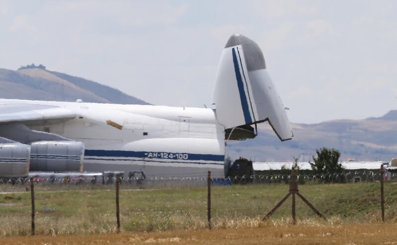 A Russian millitary cargo plane which is carrying some part of the Russian S-400 anti-aircraft missile system purchased from Russia arrived to Turkey at the Akincilar airbase in Ankara, Turkey.  EPA