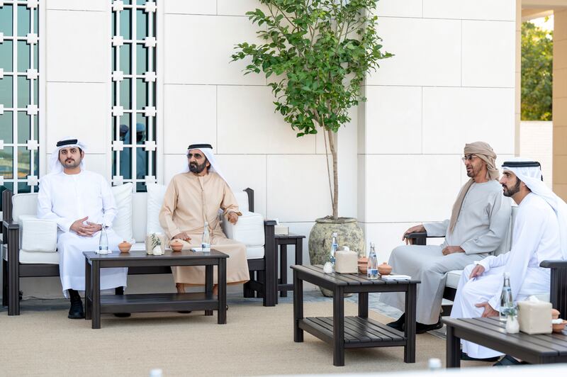 Sheikh Mohamed bin Zayed (2nd R) meets with Sheikh Mohammed bin Rashid at Al Shati Palace. Also seated are Sheikh Maktoum bin Mohammed, Deputy Ruler of Dubai, Deputy Prime Minister and Minister of Finance and Sheikh Hamdan bin Mohammed, Crown Prince of Dubai. 