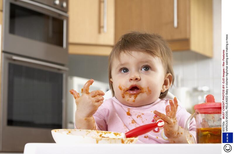 Mandatory Credit: Photo by OJO Images / Rex Features ( 832750a )
MODEL RELEASED Baby in kitchen highchair eating and making a mess
VARIOUS

