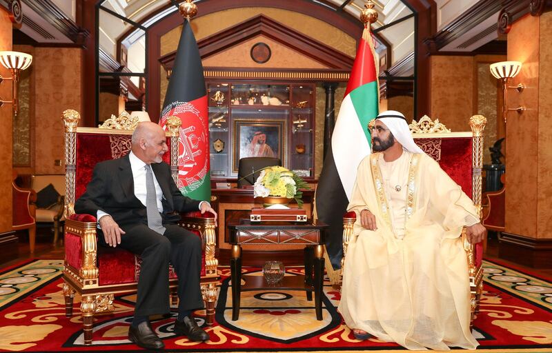 Vice President and Prime Minister of the UAE and Ruler of Dubai His Highness Sheikh Mohammed bin Rashid Al Maktoum receives Afghan President Ashraf Ghani at Za’abeel Palace in presence of Maktoum bin Mohammed. Wam