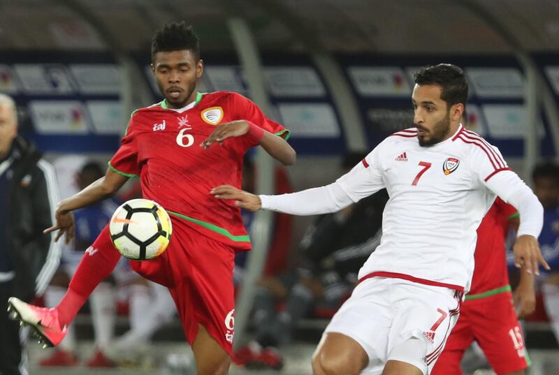 The UAE's Ali Mabkhout vies for the ball against Oman's Khalid Khalifa Al Hajri during the Gulf Cup of Nations 2017 final at the Sheikh Jaber Al Ahmad Stadium in Kuwait City. Yasser Al Zayyat / AFP