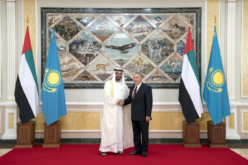 ASTANA, KAZAKHSTAN - July 04, 2018: HH Sheikh Mohamed bin Zayed Al Nahyan, Crown Prince of Abu Dhabi and Deputy Supreme Commander of the UAE Armed Forces (L) stands for a photograph with HE Nursultan Nazarbayev, President of Kazakhstan (R), at Ak Orda Presidential Palace.

( Mohamed Al Hammadi / Crown Prince Court - Abu Dhabi )
---

