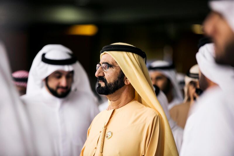 DUBAI, UNITED ARAB EMIRATES,  25 MARCH 2017. 
Sheikh Mohammed bin Rashid, Vice President and Ruler of Dubai arrives at Dubai World Cup 2017, the richest night in horse racing, with nine races staged at Meydan Racecourse, culminating in the $10million (Dh36.73m).

 Photo: Reem Mohammed / The National (Section: NA) 

 *** Local Caption ***  RM_20170325_DWC_049.JPG