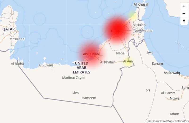 Map showing outages in Abu Dhabi and Dubai