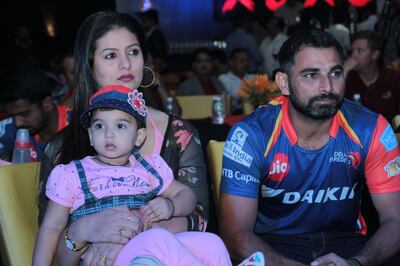 NEW DELHI, INDIA - APRIL 13: Indian Cricketer Mohammed Shami with his wife Hasin Jahan and daughter Aaira Shami at a party hosted by Daikin to celebrate the three years of togetherness with Delhi Daredevils team at Hotel Pullman, Aerocity on April 13, 2017 in New Delhi, India. (Photo by Shivam Saxena/Hindustan Times via Getty Images)