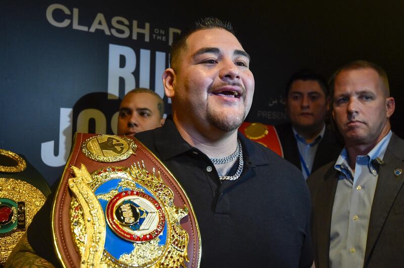 Mexican-American heavyweight boxing champion Andy Ruiz Jr arrives for a press conference in the Saudi capital Riyadh on December 2, 2019, ahead of the upcoming "Clash on the Dunes". The "Clash on the Dunes" fight is scheduled to take place in Diriya on December 7m between Andy Ruiz Jr and Anthony Joshua. / AFP
