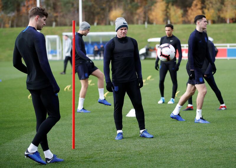 DC United striker Wayne Rooney takes part in an England training session at St George's Park, Burton upon Trent, on Wednesday. Rooney is England's most capped outfield player and record goalscorer and has been recalled to the squad to take part in a friendly against the USA to celebrate his achievements with the national team. Reuters