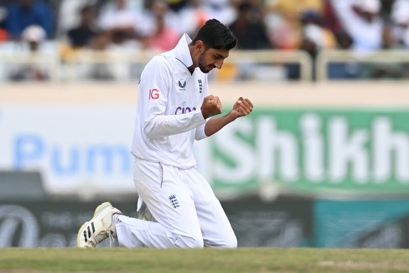 England Shoaib Bashir of England celebrates the wicket of Akash Deep. The spinner finished with second-innings figures of 5-119. Getty Images