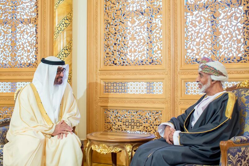 MUSCAT, OMAN - December 24, 2013: HH General Sheikh Mohamed bin Zayed Al Nahyan Crown Prince of Abu Dhabi Deputy Supreme Commander of the UAE Armed Forces (L), meets with HM Sultan Qaboos bin Said, Sultan of Oman (R), during an official visit to Oman. 
( Ryan Carter / Crown Prince Court - Abu Dhabi ) *** Local Caption ***  20131224RC_C6_1802.JPG