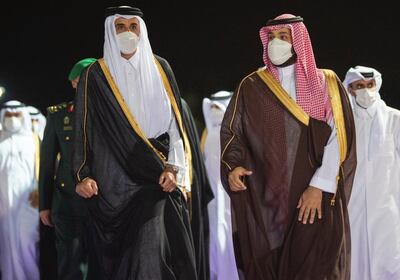 Qatari Emir Sheikh Tamim and Saudi Crown Prince Mohammed bin Salman in Jeddah last week. SPA