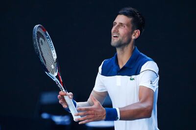 MELBOURNE, AUSTRALIA - JANUARY 18:  Novak Djokovic of Serbia celebrates winning his second round match against Gael Monfils of France on day four of the 2018 Australian Open at Melbourne Park on January 18, 2018 in Melbourne, Australia.  (Photo by Scott Barbour/Getty Images)