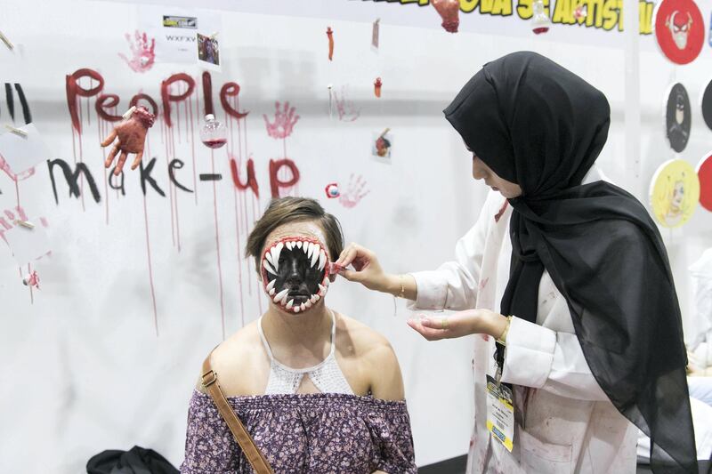 DUBAI, UNITED ARAB EMIRATES - APRIL 7, 2018. 

Nouf Al Shaya, a young Emirati makeup artist, at the Middle East Film and Comic Con.

(Photo by Reem Mohammed/The National)

Reporter:
Section: NA