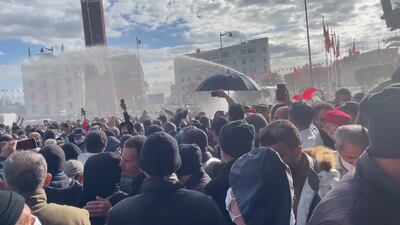 Police use water cannons to disperse protesters in Tunis, Tunisia. Erin Clare Brown / The National