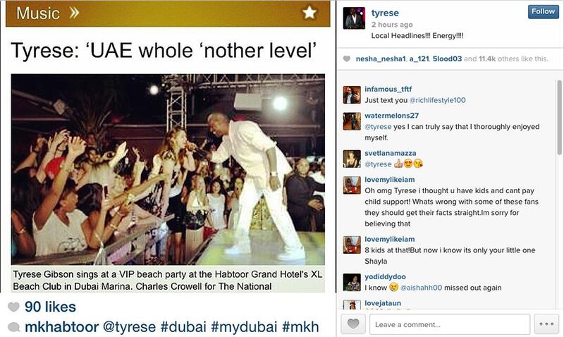 Tyrese Gibson's Instagram post of a photo from The National of hisperformance at a VIP beach party in Dubai Marina.