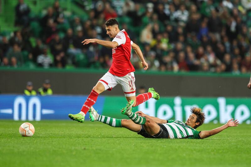 Gabriel Martinelli of Arsenal battles with Hidemasa Morita of Sporting. Getty