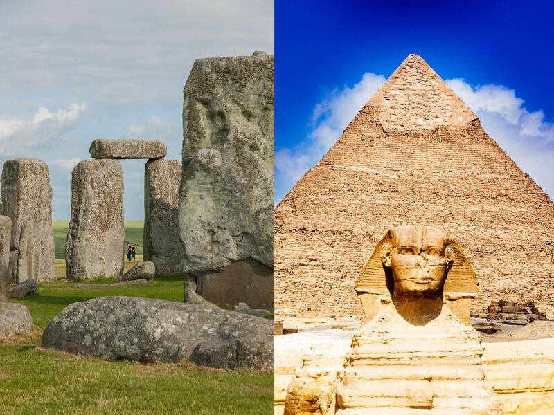 LEFT: United Kingdom, England, Stonehenge . Archeological ruins of Stonehenge

RIGHT: Pyramid of Khafre or of Chephren, The Sphinx, Unesco world Heritage site, Giza, Giza pyramid complex, Cairo, Egypt, North Africa

Getty Images