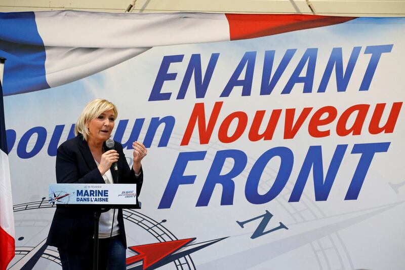 FILE PHOTO: Marine Le Pen, France's far-right National Front (FN) political party leader, speaks during a rally in  Laon, France, February 18, 2018.   Picture taken February 18, 2018.  REUTERS/Pascal Rossignol/File Photo