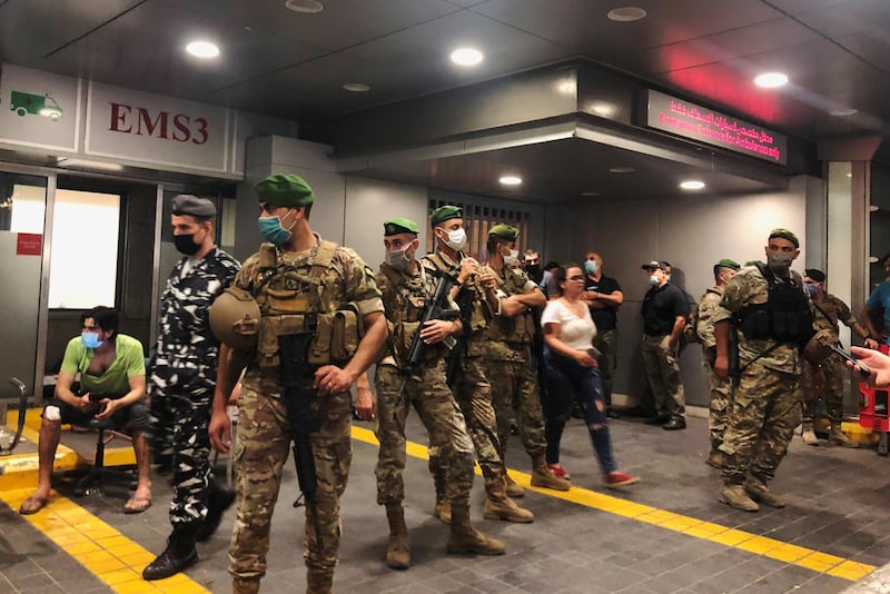 Lebanese soldiers stand outside American University of Beirut medical centre. Reuters