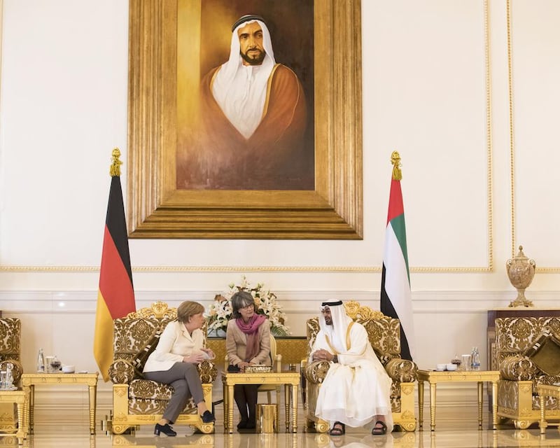 Mrs Merkel holds talks with Sheikh Mohamed in 2017. Ryan Carter / Crown Prince Court — Abu Dhabi