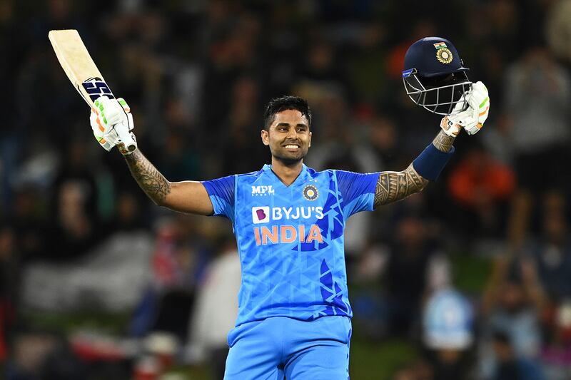 India's Suryakumar Yadav celebrates after scoring a century during the second T20 against New Zealand at the Bay Oval, Mount Maunganui, on Sunday, November 20, 2022. AP