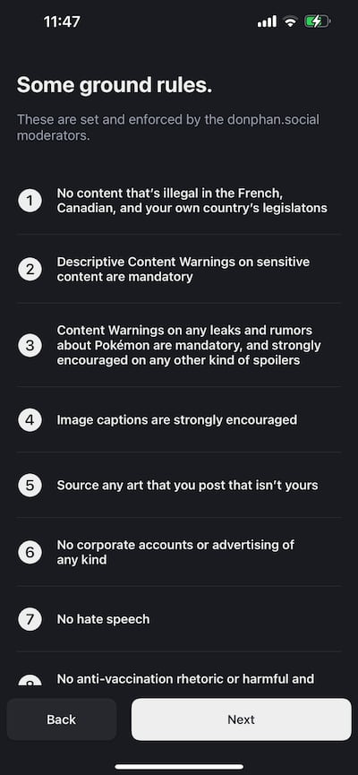 A screenshot showing 'ground rules' after choosing a server on Mastodon.