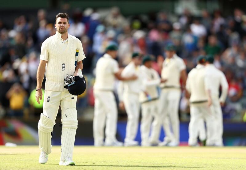 PERTH, AUSTRALIA - DECEMBER 18:  James Anderson of England looks dejected after Australia claim victory during day five of the Third Test match during the 2017/18 Ashes Series between Australia and England at WACA on December 18, 2017 in Perth, Australia.  (Photo by Ryan Pierse/Getty Images)
