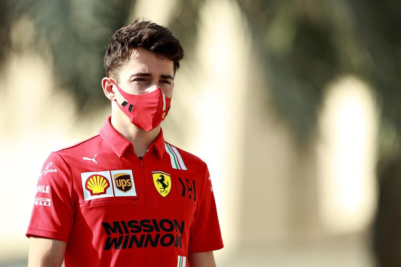 BAHRAIN, BAHRAIN - MARCH 12: Charles Leclerc of Monaco and Ferrari walks in the Paddock during Day One of F1 Testing at Bahrain International Circuit on March 12, 2021 in Bahrain, Bahrain. (Photo by Mark Thompson/Getty Images)