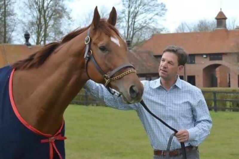 Horse trainer Graham Motion spends some quality time with Dubai World Cup winner Animal Kingdom at the Kingsdown Stables in Lambourn, England.  Photo courtesy of Geoffrey Riddle