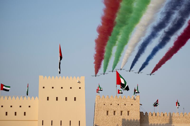 Al Forsan aerobatics team perform a flyover at the Union Parade. Eissa Al Hammadi for the Presidential Court