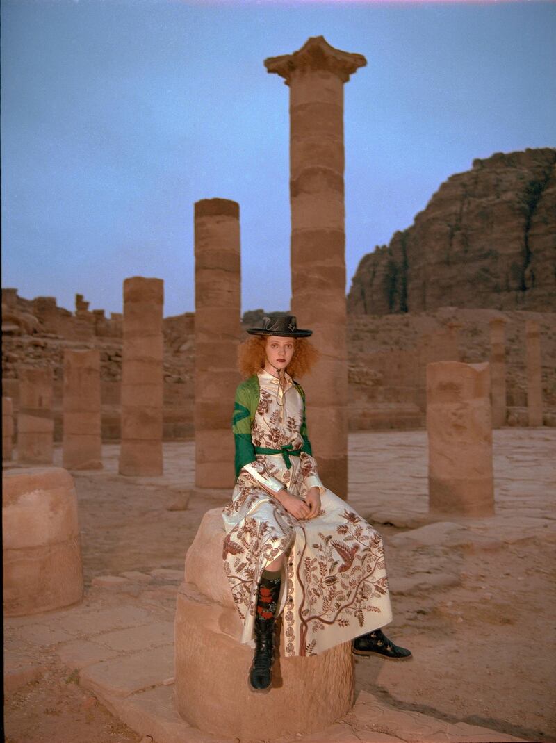 IN THE PINK. Photography | Mazen abusrour
fashion direction | sarah maisey

to temple
Hat, Dh3,800; shirt, Dh5,600; skirt, Dh8,600; boots, Dh6,600, all from Christian Dior. Scarf, Dh4,385, Hermés. Socks, stylist’s own