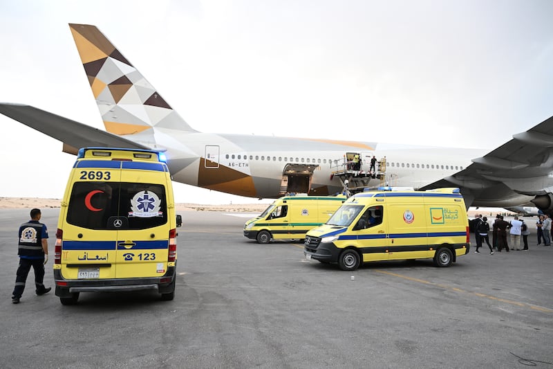 Ambulances prepare to receive sick and wounded Palestinian children and cancer patients. Wam