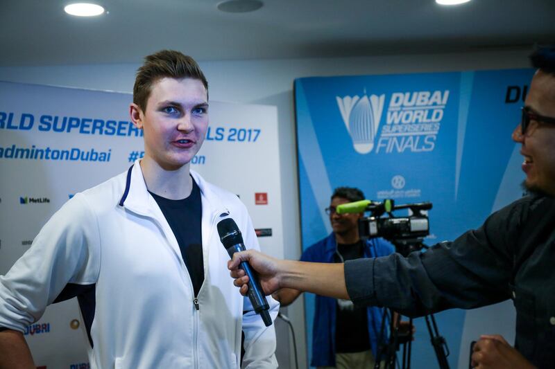 December 1, 2017.   Dubai World Superseries Finals.  Pess conference held at the Dubai Sports counsil at D3. Viktor Axelsen, Denmark (currently the world  #1 Men's singles champion), shares a laugh with a reporter.
Victor Besa for The National
Sports
Reporter:  Amith Passela