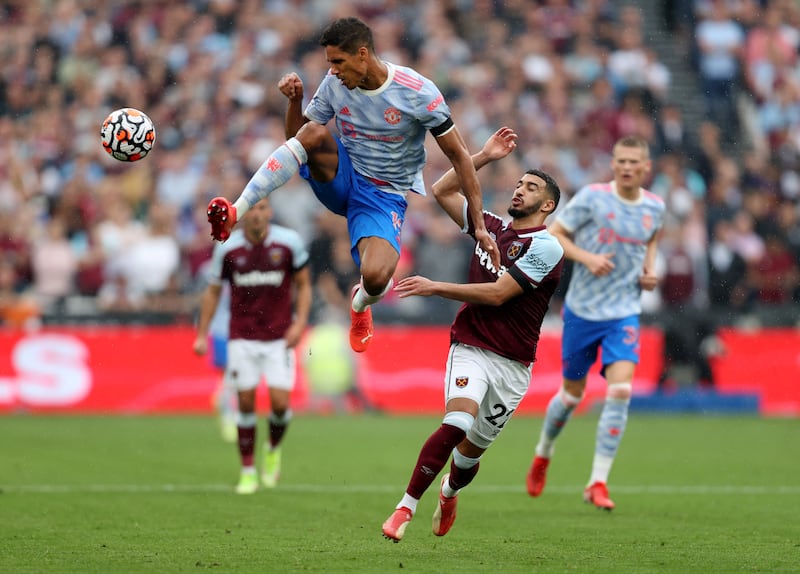 Raphael Varane of Manchester United battles for the ball with Said Benrahma. Getty Images