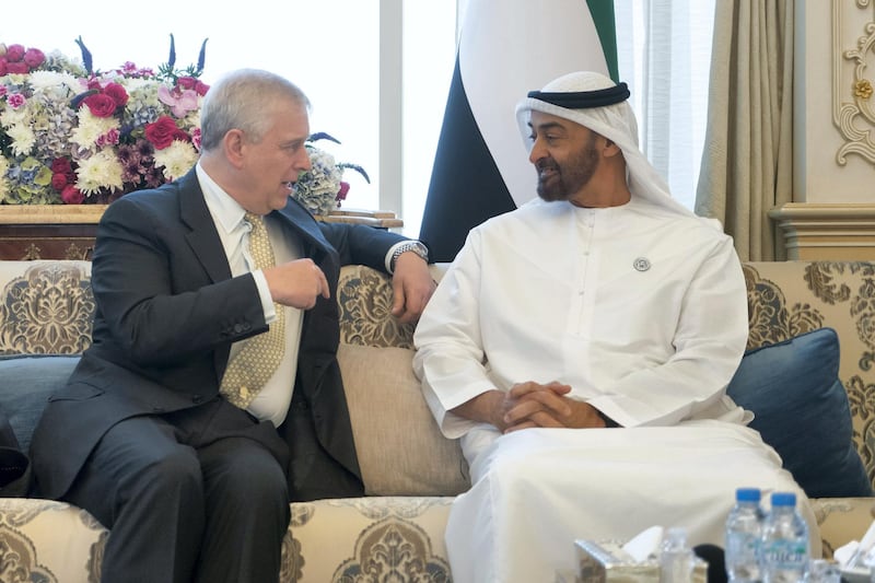 ABU DHABI, UNITED ARAB EMIRATES - October 16, 2018: HH Sheikh Mohamed bin Zayed Al Nahyan, Crown Prince of Abu Dhabi and Deputy Supreme Commander of the UAE Armed Forces (R), receives HRH Prince Andrew, Duke of York (L), during a Sea Palace barza. 

(  Rashed Al Mansoori / Crown Prince Court - Abu Dhabi )
---