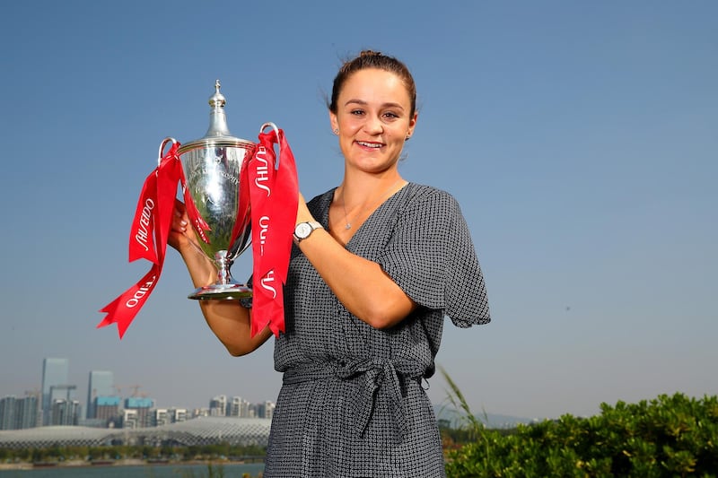 SHENZHEN, CHINA - NOVEMBER 04: Ashleigh Barty of Australia poses for a photo with the Billie Jean King trophy following her victory in the Women's Singles final of the 2019 Shiseido WTA Finals at Shenzhen Talent Park on November 04, 2019 in Shenzhen, China. (Photo by Clive Brunskill/Getty Images)