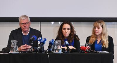 Icelandic journalist Kristinn Hrafnsson, editor-in-chief of Wikileaks (L) and Julian Assange's partner Stella Morris (C) hold a press conference on Monday. EPA